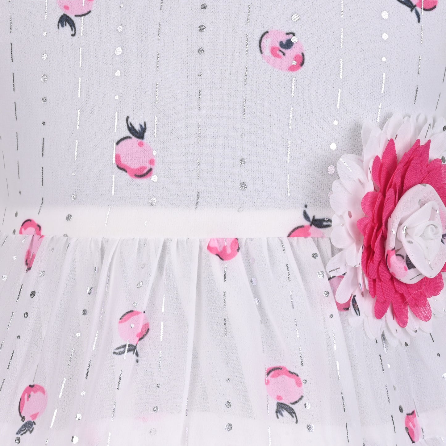 Baby Girl Georgette White Frock with Peach Print & Bloomers – Party Wear Dress for Kids