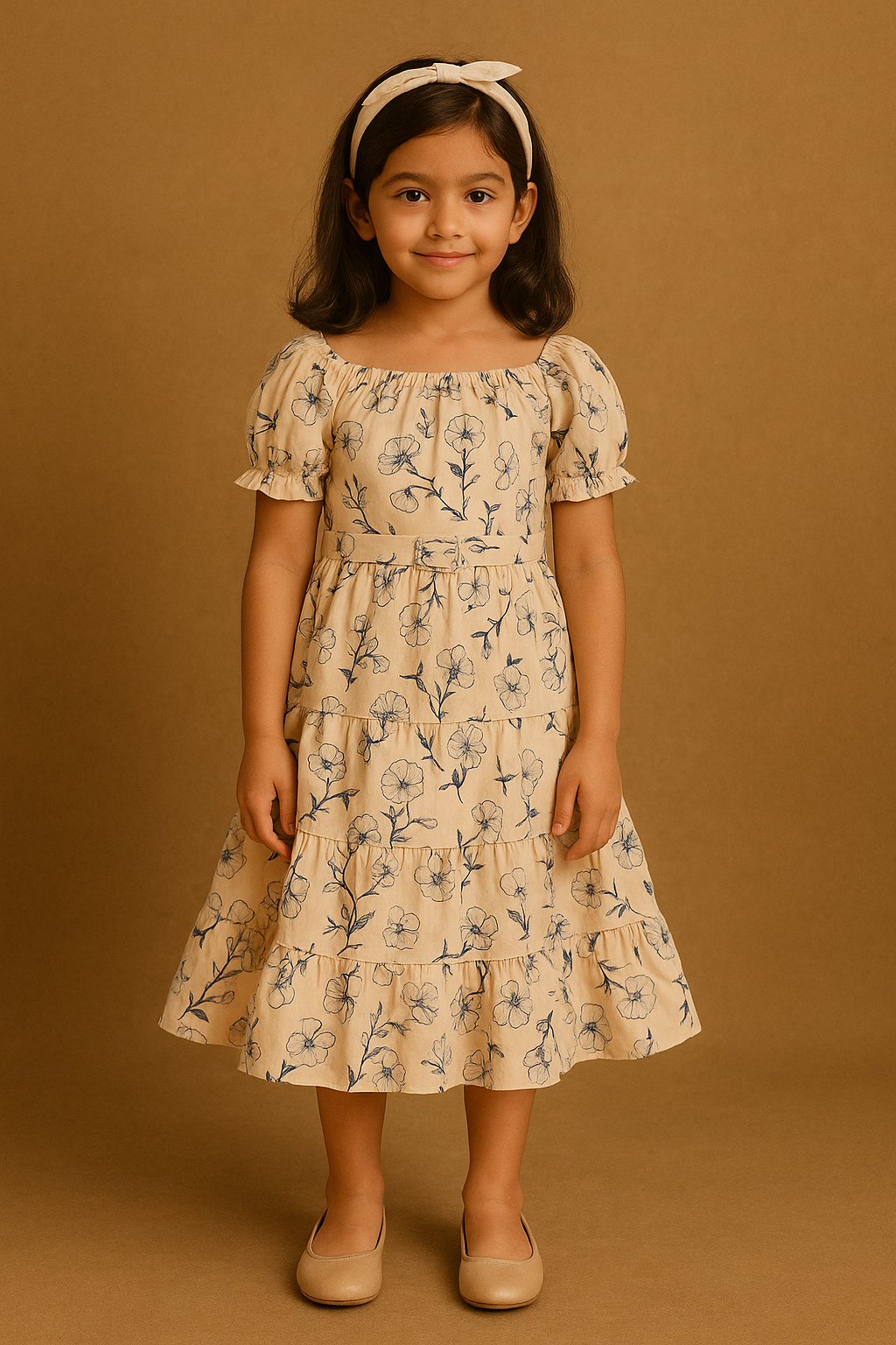 Girls Printed Summer Dress with Puff Sleeves & Gathered Neck