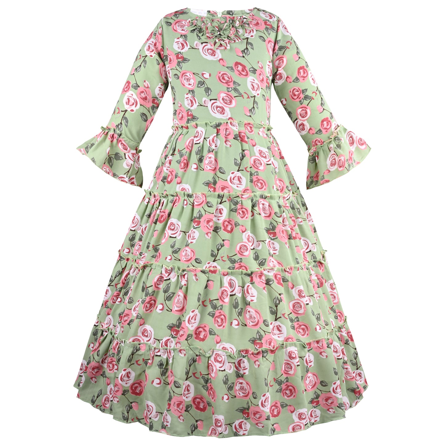 Girls Floral Print Bell Sleeve Fit and Flare Frock Dress