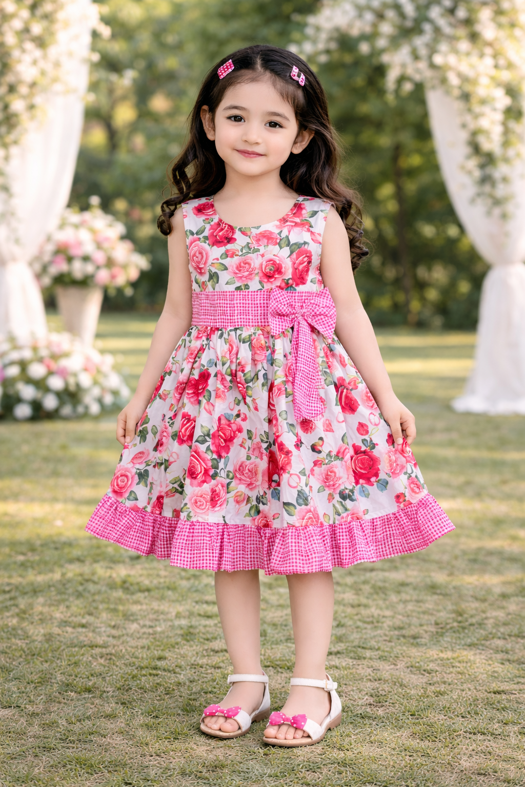 Girls Floral Printed Cotton Frock with Bow Belt