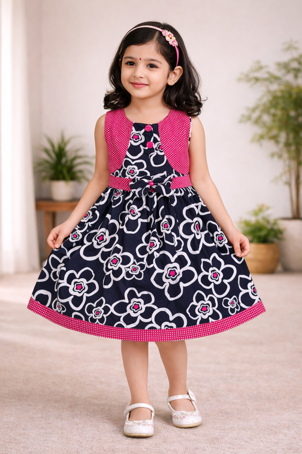 Girls Cotton Printed Sleeveless Frock with Bow – Summer Wear Dress
