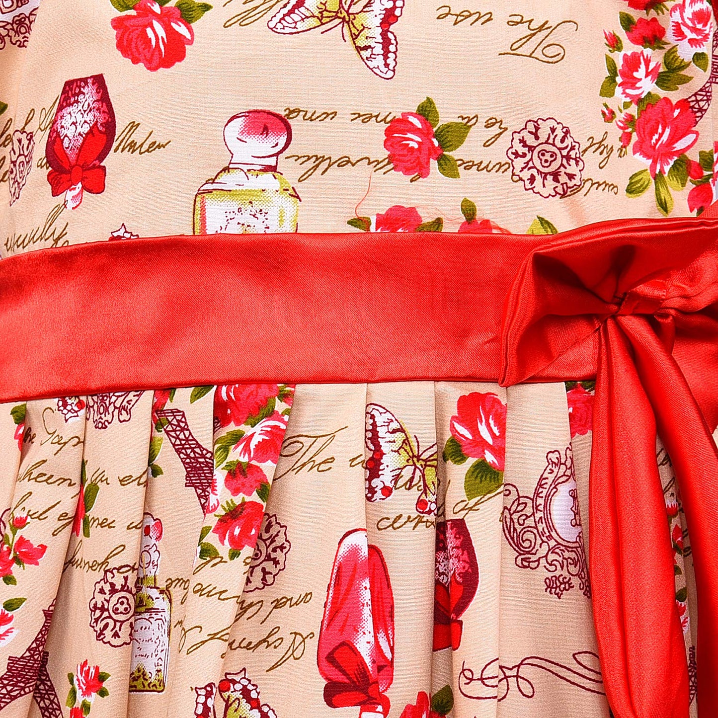 Girls Floral Print Sleeveless Party Dress with Red Satin Bow