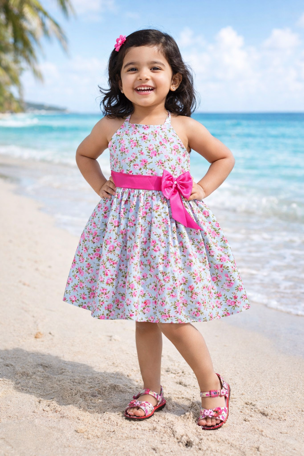 Girls Floral Printed Cotton Halter Neck Frock with Bow Belt