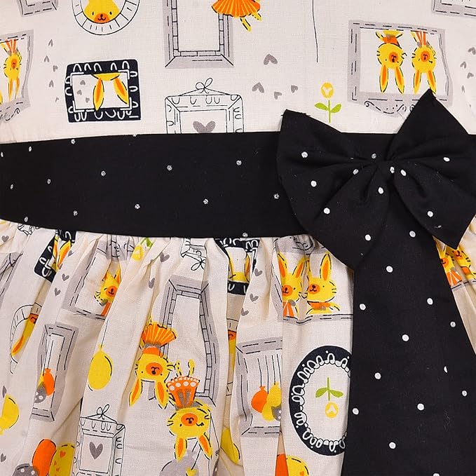 Girls Printed Sleeveless Party Dress with Black Waist Bow