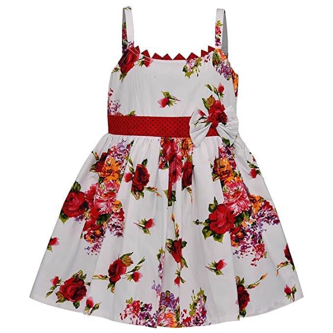 Girls White Floral Print Sleeveless Party Dress with Red Waist Bow