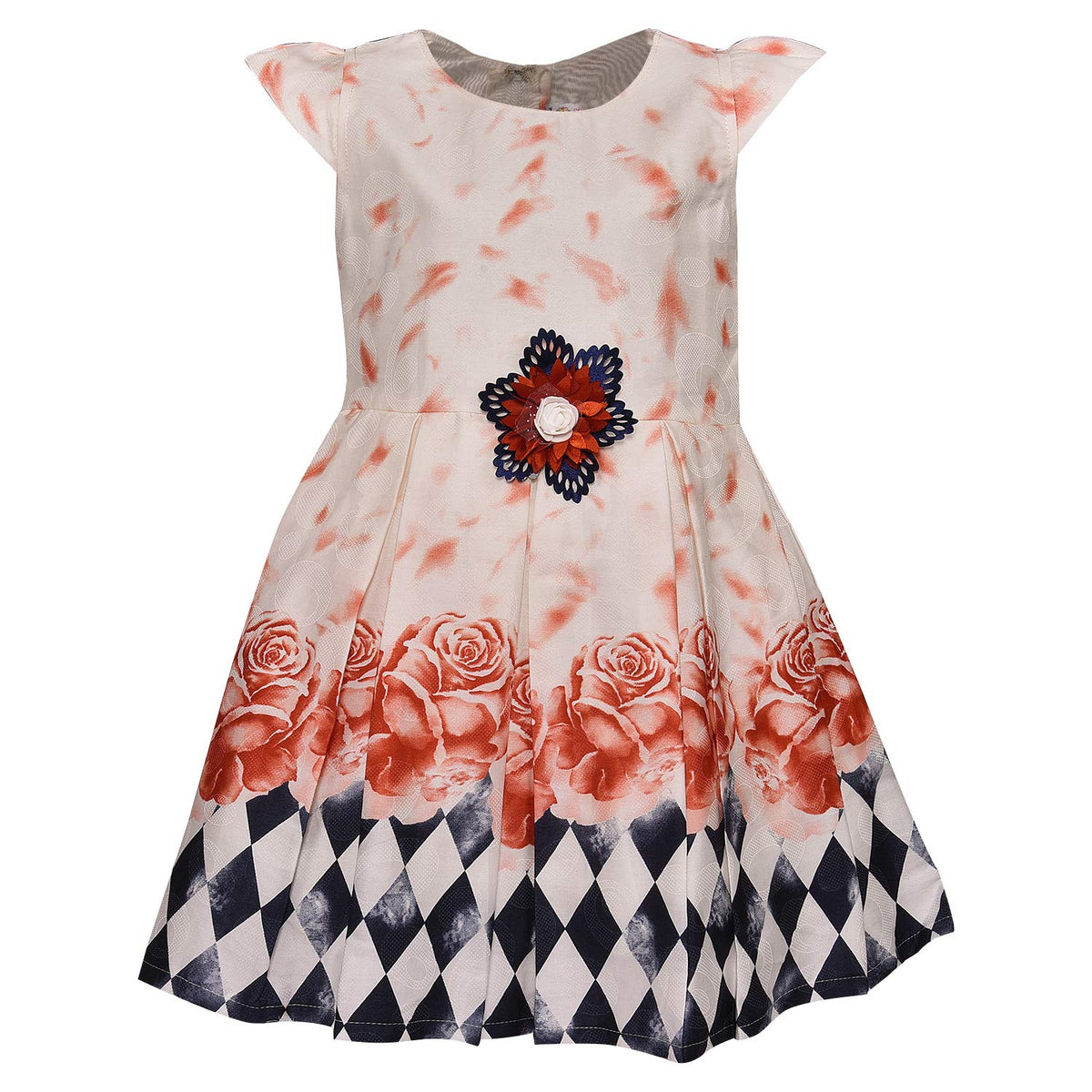 Girls Floral Printed Cotton Cap Sleeve Dress with Decorative Flower Detail