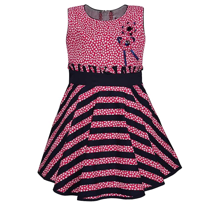 Girls Floral Printed Cotton Sleeveless Dress with Navy Striped Flared Skirt