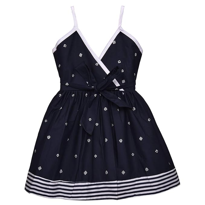 Navy Blue Cotton Girls Dress with White Stripes and Tie Waist