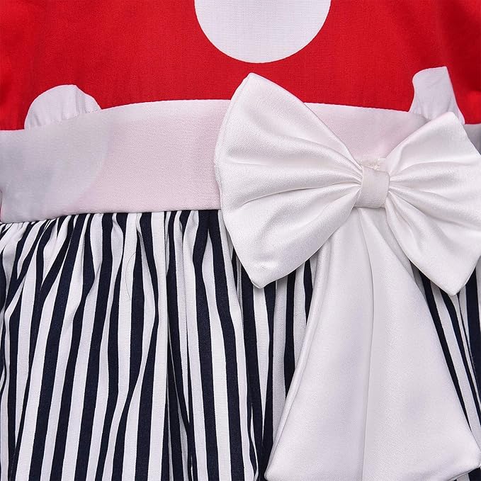 Girls Polka Dot & Striped Cotton Party Wear Dress with Bow Detail
