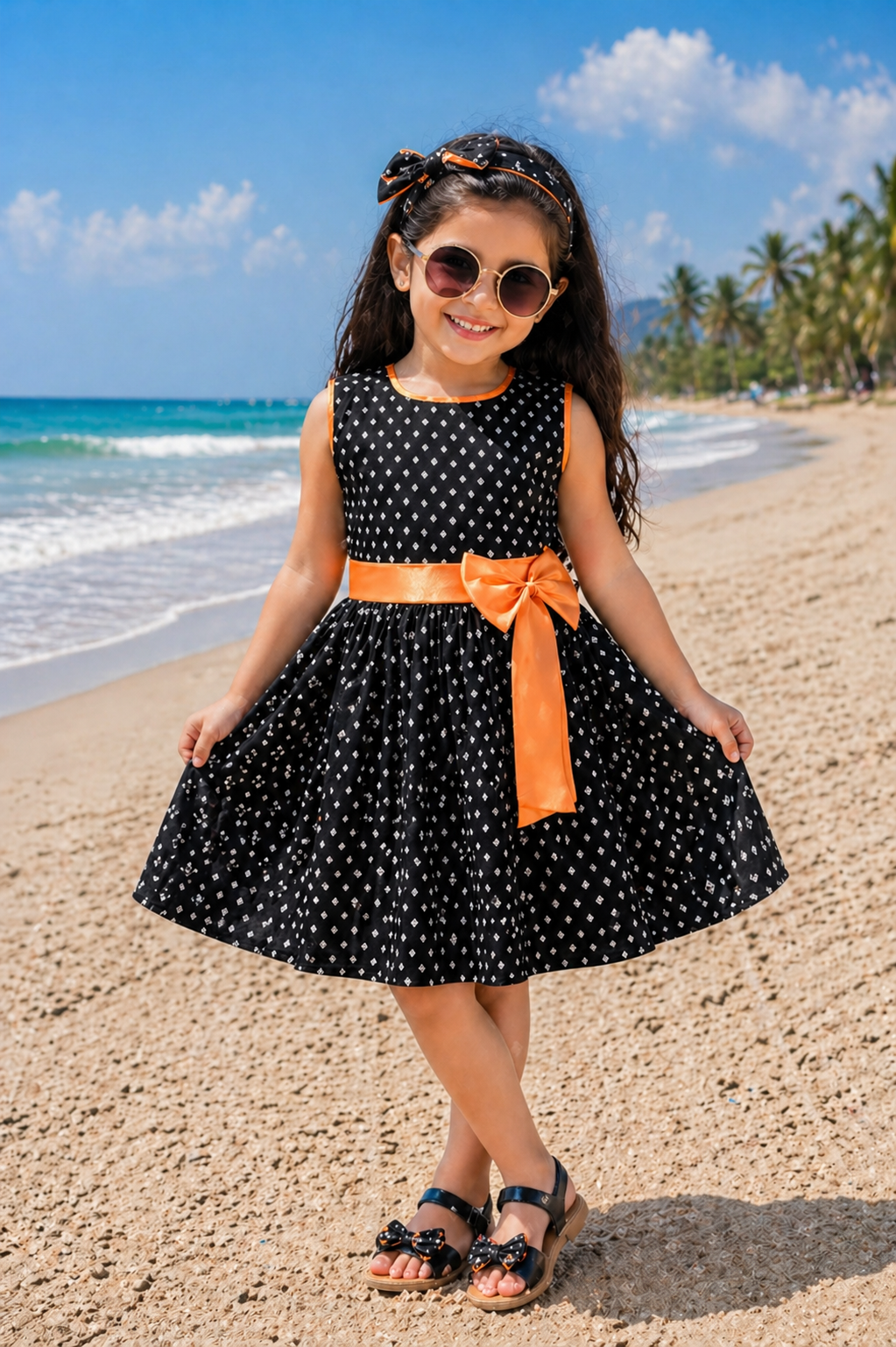 Girls Printed Cotton Party Wear Dress with Contrast Waist Bow