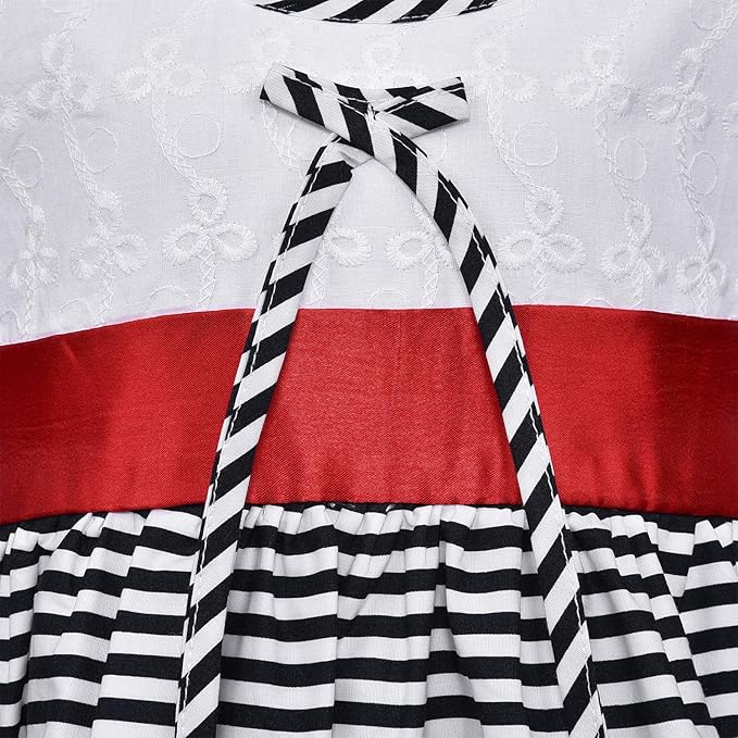 Girls White & Black Cotton Striped Sleeveless Dress with Bow | Soft & Breathable Kids Casual Party Dress