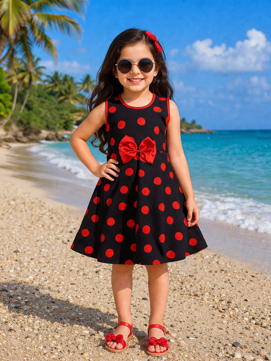 Girls Polka Dot Cotton Party Wear Dress with Bow Detail
