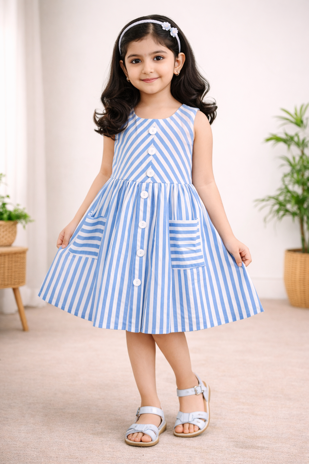 Girls Blue & White Striped Button-Down Dress