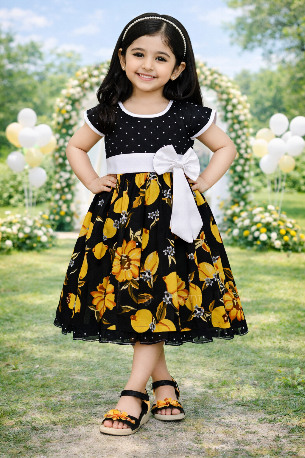 Girls Black Polka Dot & Yellow Floral Cotton Dress with White Waist Bow