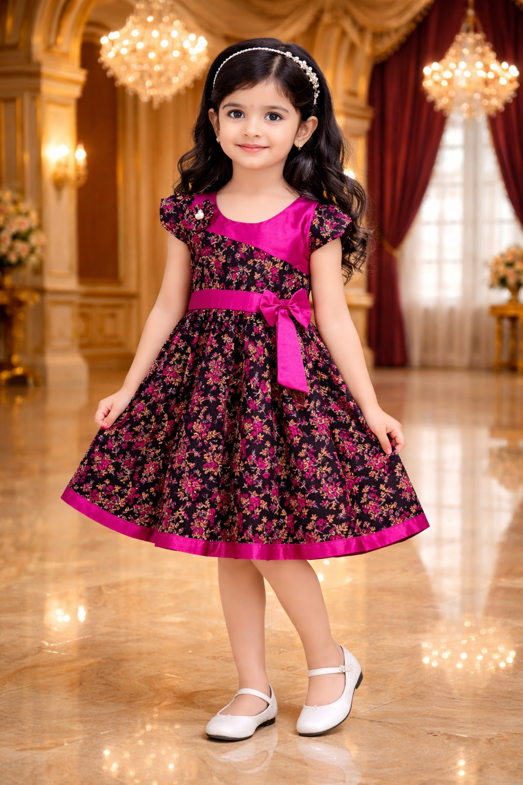Girls Floral Printed Cotton Party Wear Dress with Contrast Yoke & Bow