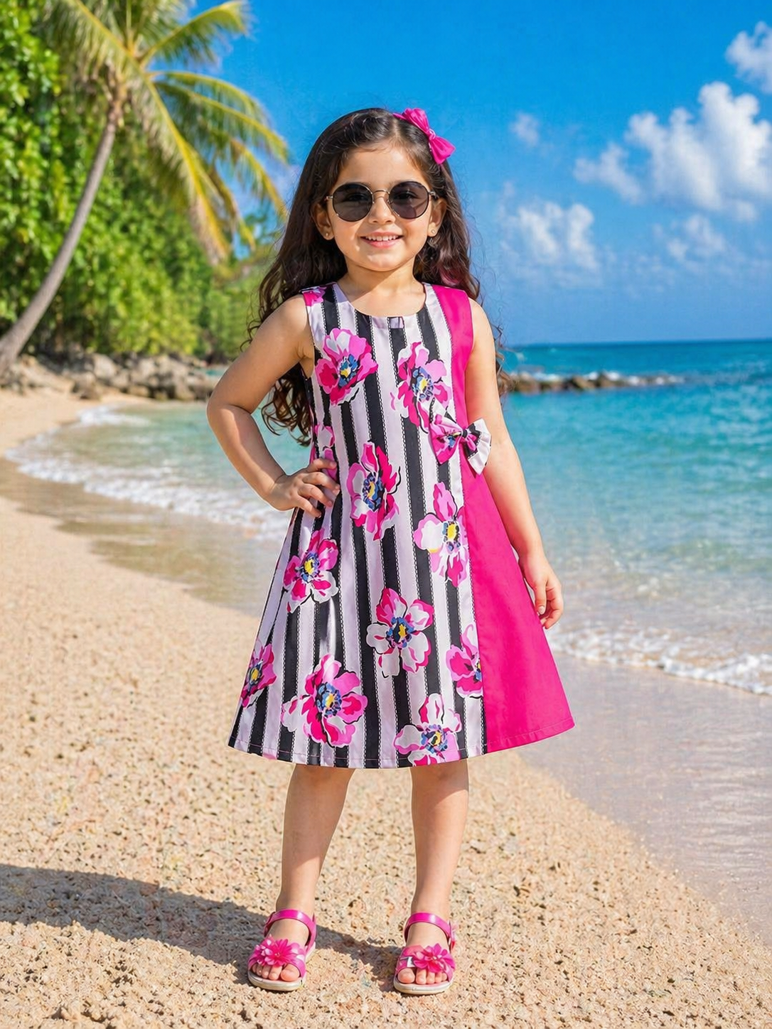Girls Floral Printed Cotton A-Line Dress with Contrast Panel & Bow