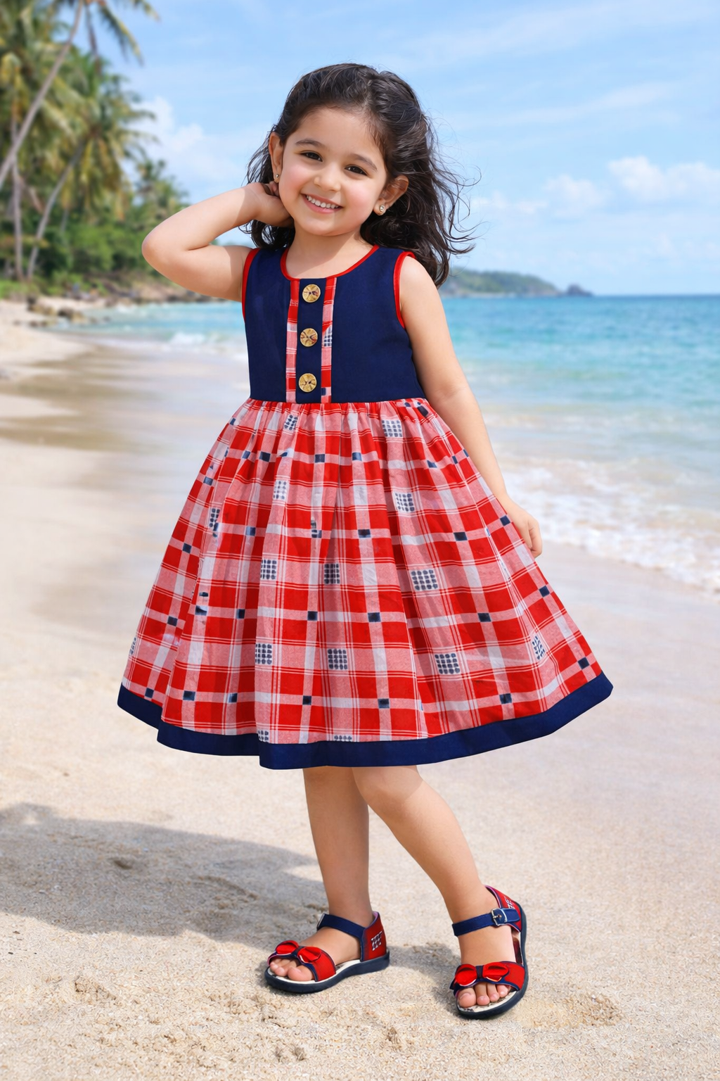 Girls Navy Blue & Red Checked Cotton Dress with Front Button Detail