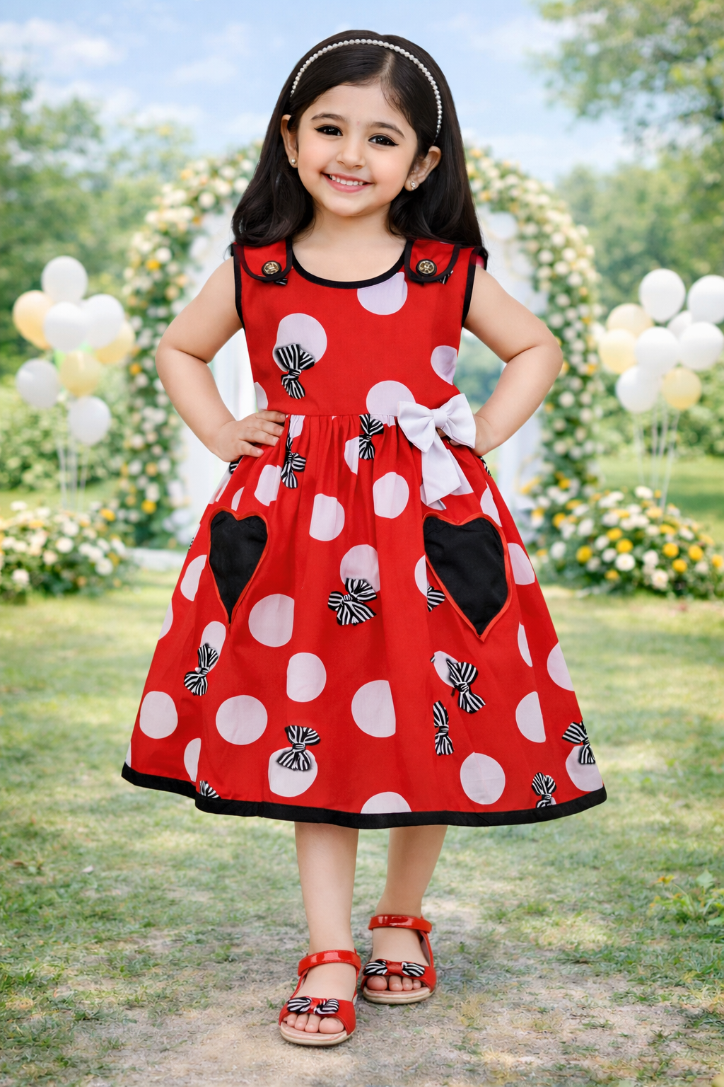 Girls Red Polka Dot Cotton Dress with Contrast Pockets & Bow Print