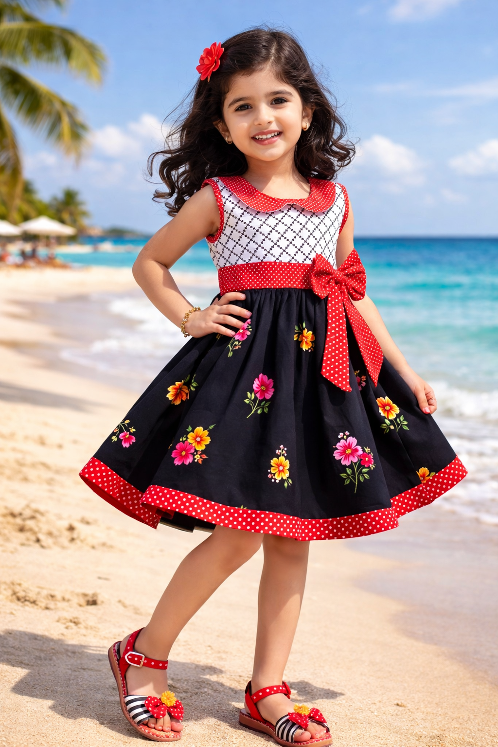 Girls Floral Printed Cotton Dress with Polka Dot Waist Bow