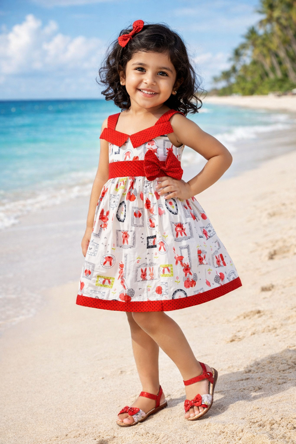 Girls Printed Cotton Dress with Polka Dot Off-Shoulder Detail & Bow