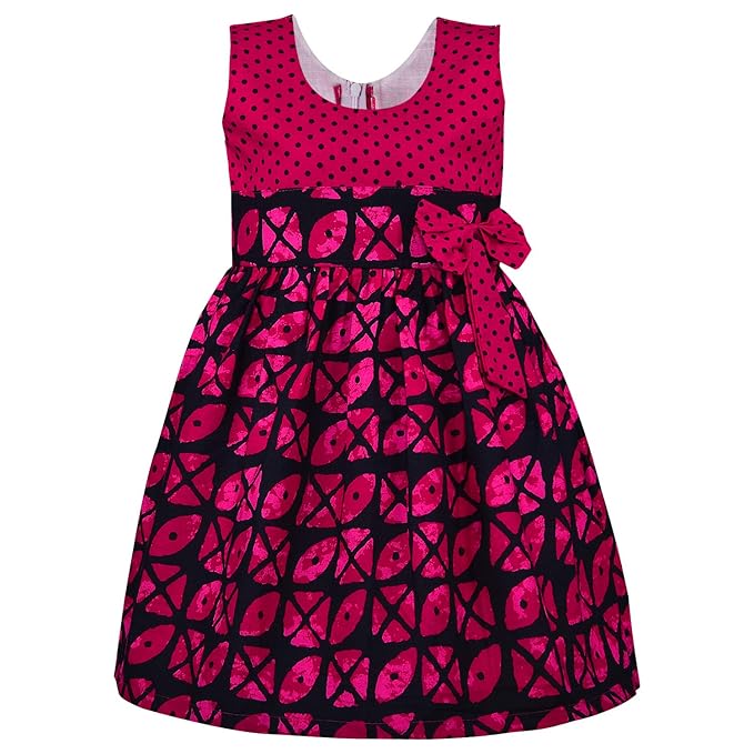 Girls Printed Cotton Dress with Polka Dot Bow Detail