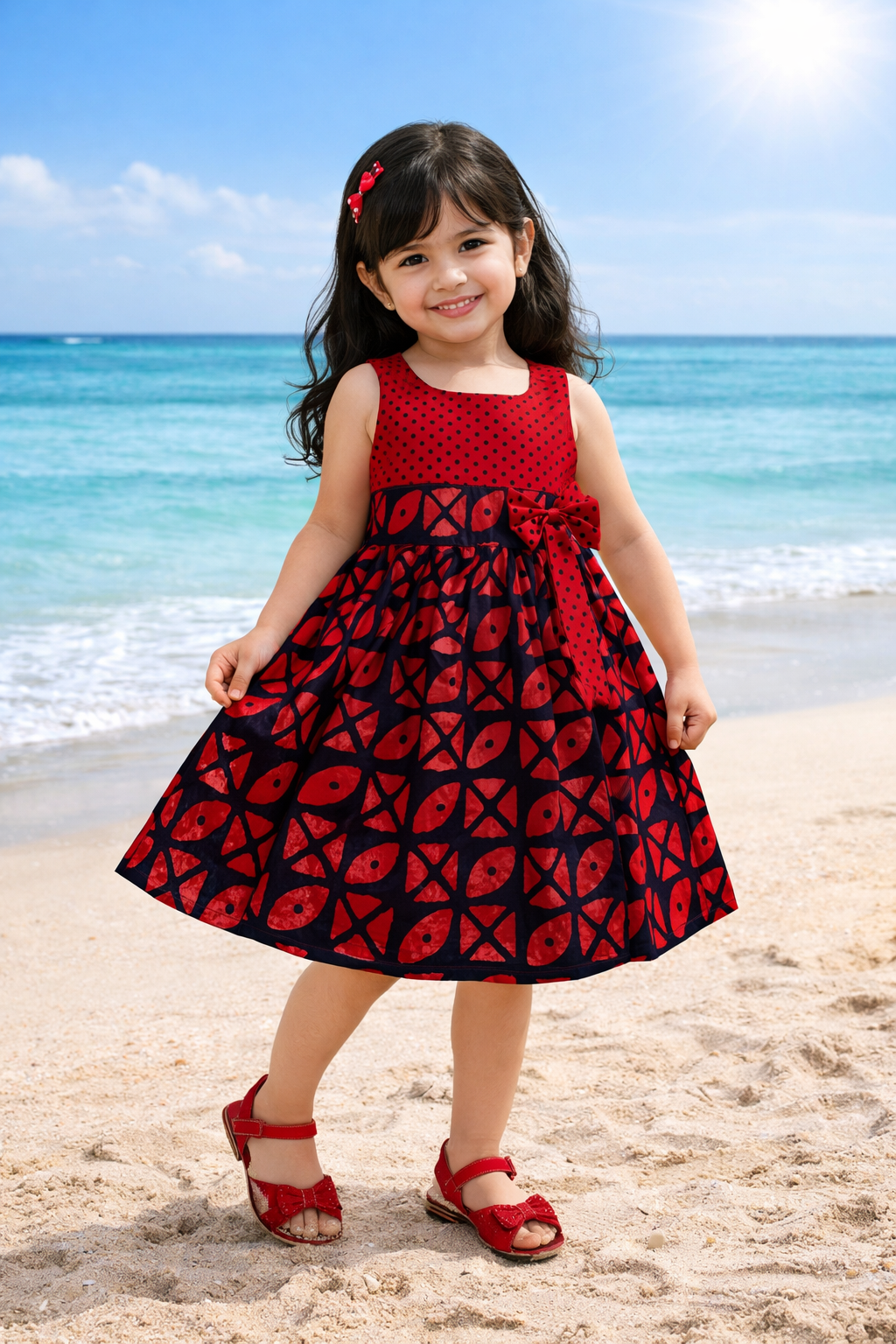 Girls Printed Cotton Dress with Polka Dot Bow Detail