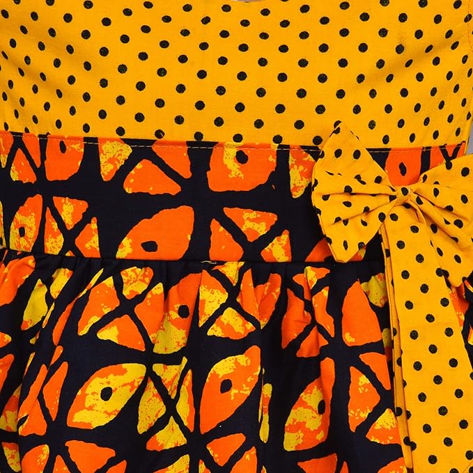 Girls Printed Cotton Dress with Polka Dot Bow Detail