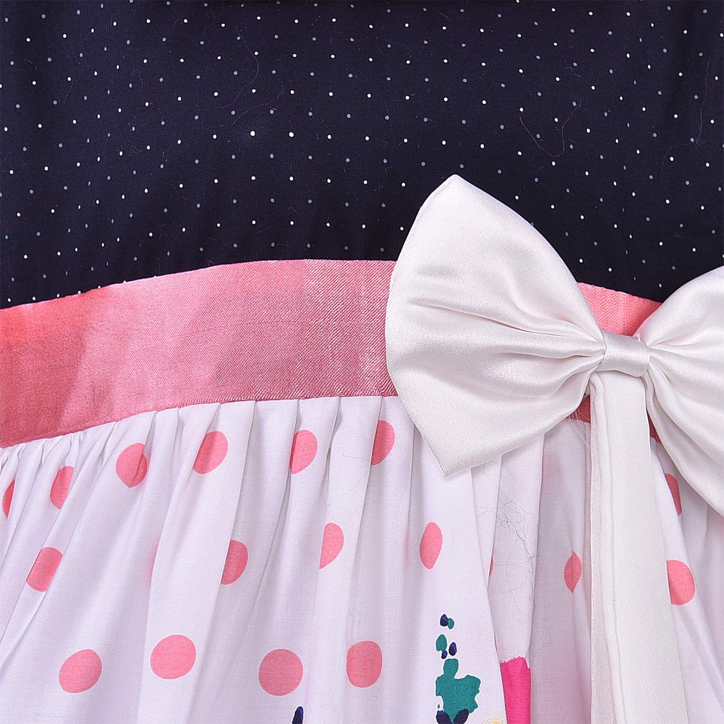 Girls Navy & Pink Printed Cotton Dress with Contrast Waist Bow