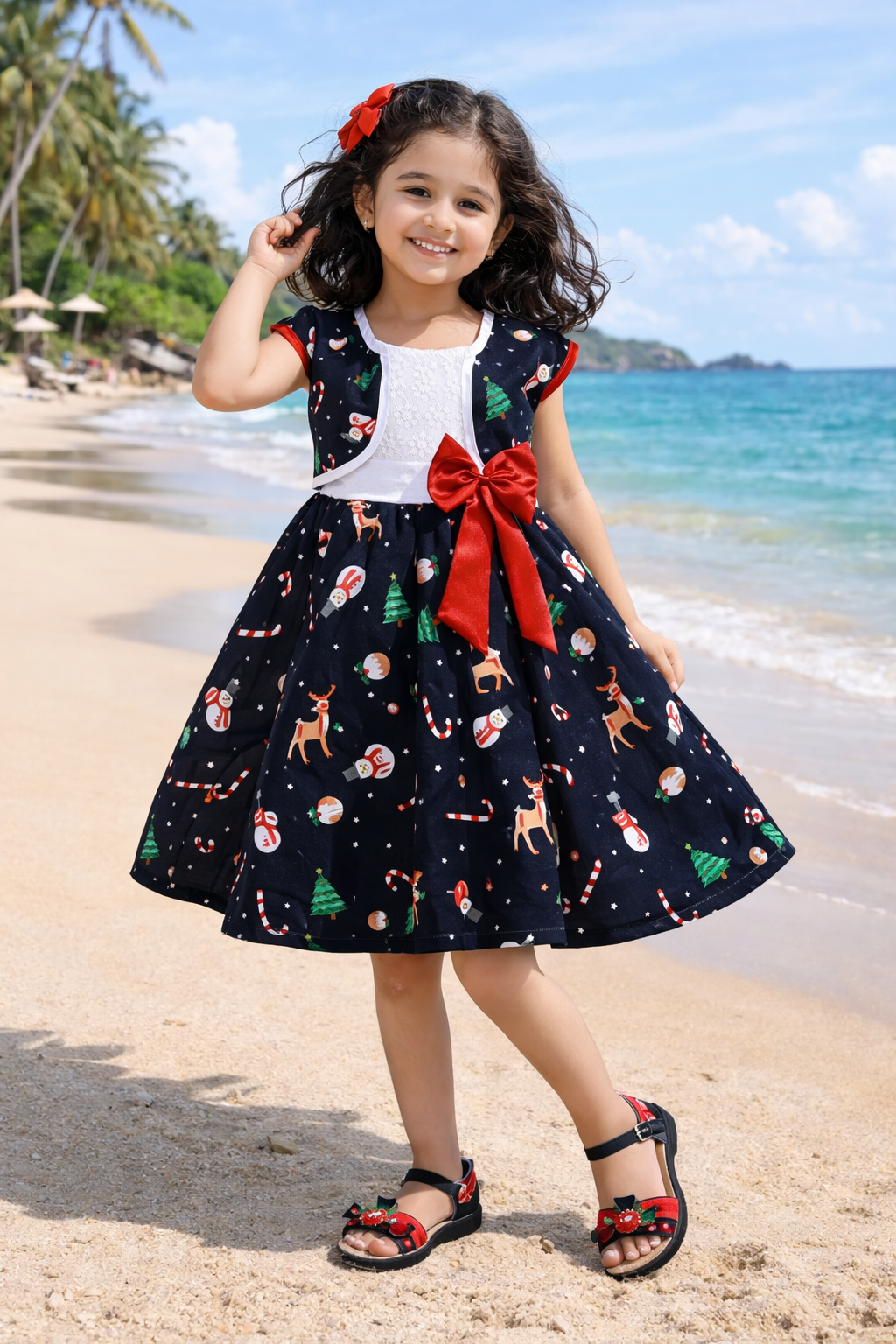 Baby Girls Christmas Printed Cotton Party Dress with Shrug & Bow – Festive Wear Frock
