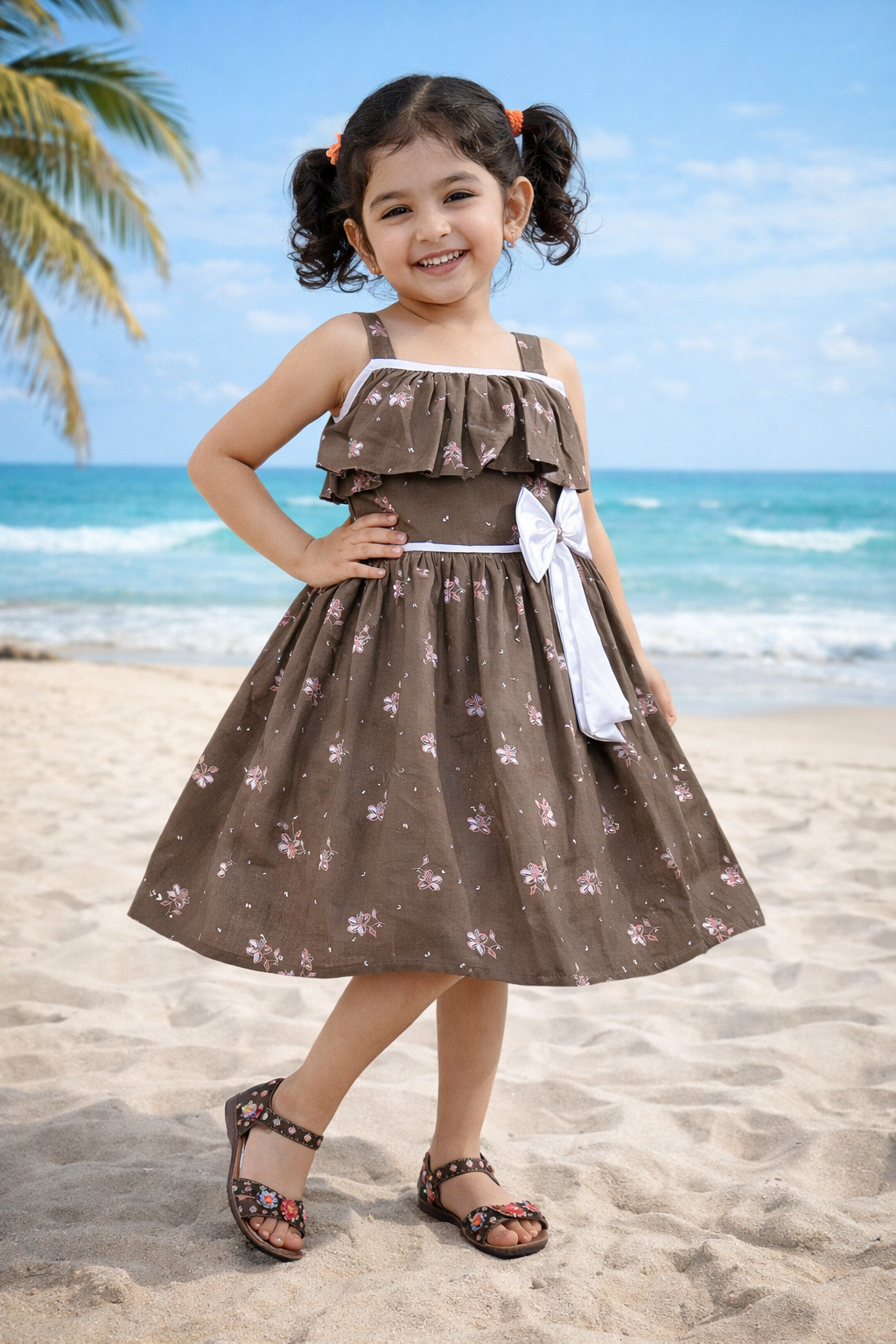 Girls Floral Printed Cotton Dress with Ruffle Neck & White Bow