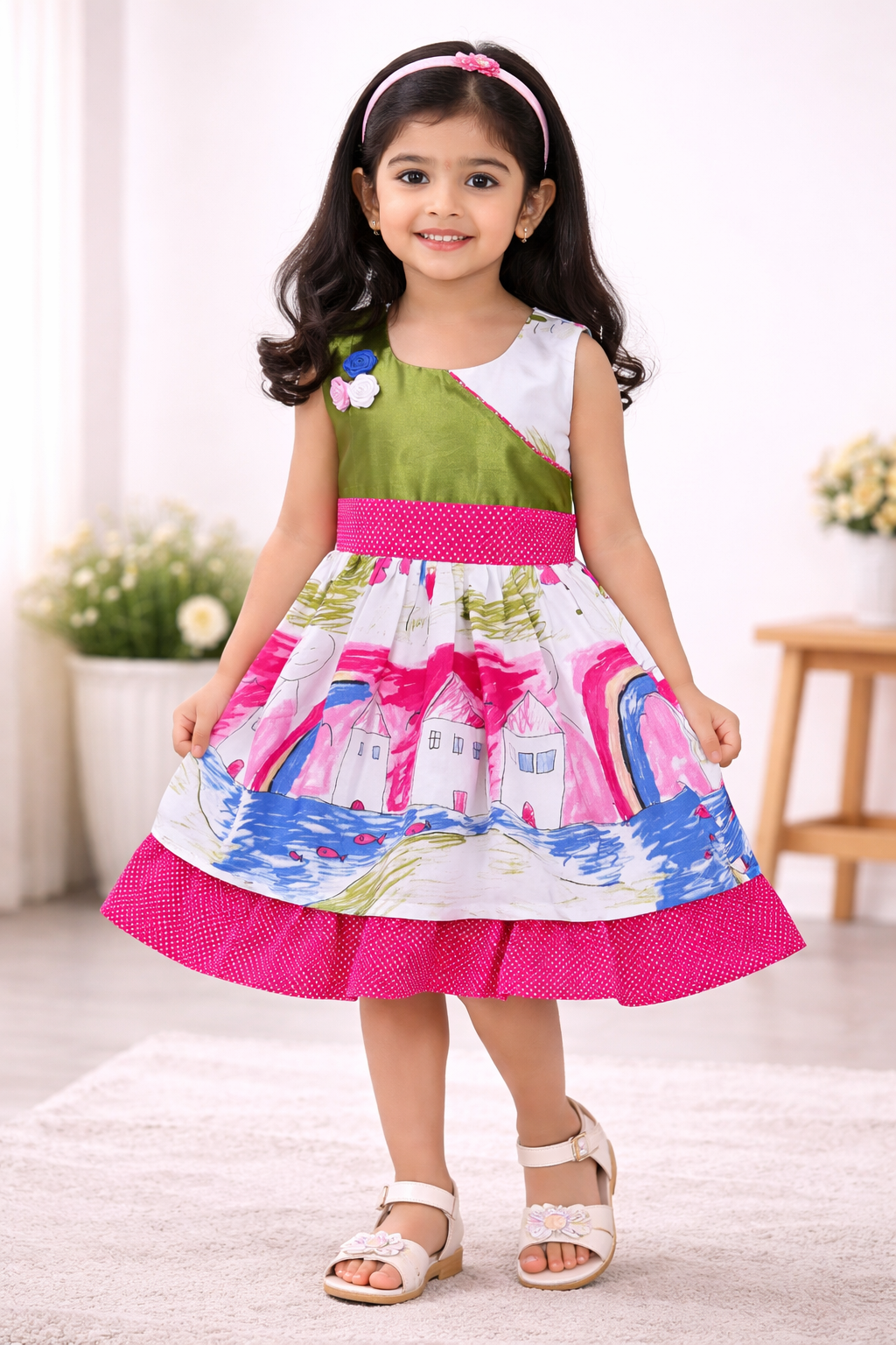 Girls Green & White Printed Cotton Dress with Polka Dot Ruffle Hem