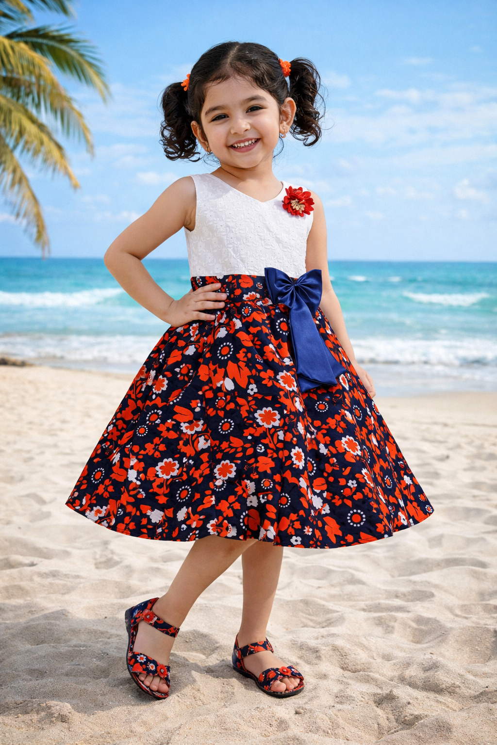 Girls White & Red Floral Cotton Dress with Navy Satin Bow