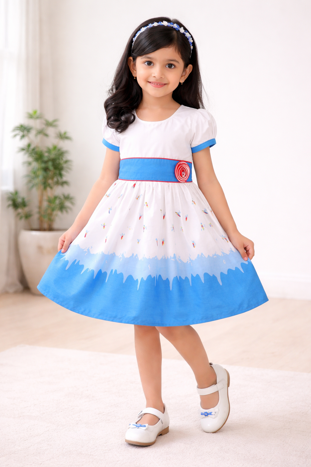 Girls Cotton Printed Party Wear Dress with Contrast Waist Belt – Soft & Comfortable