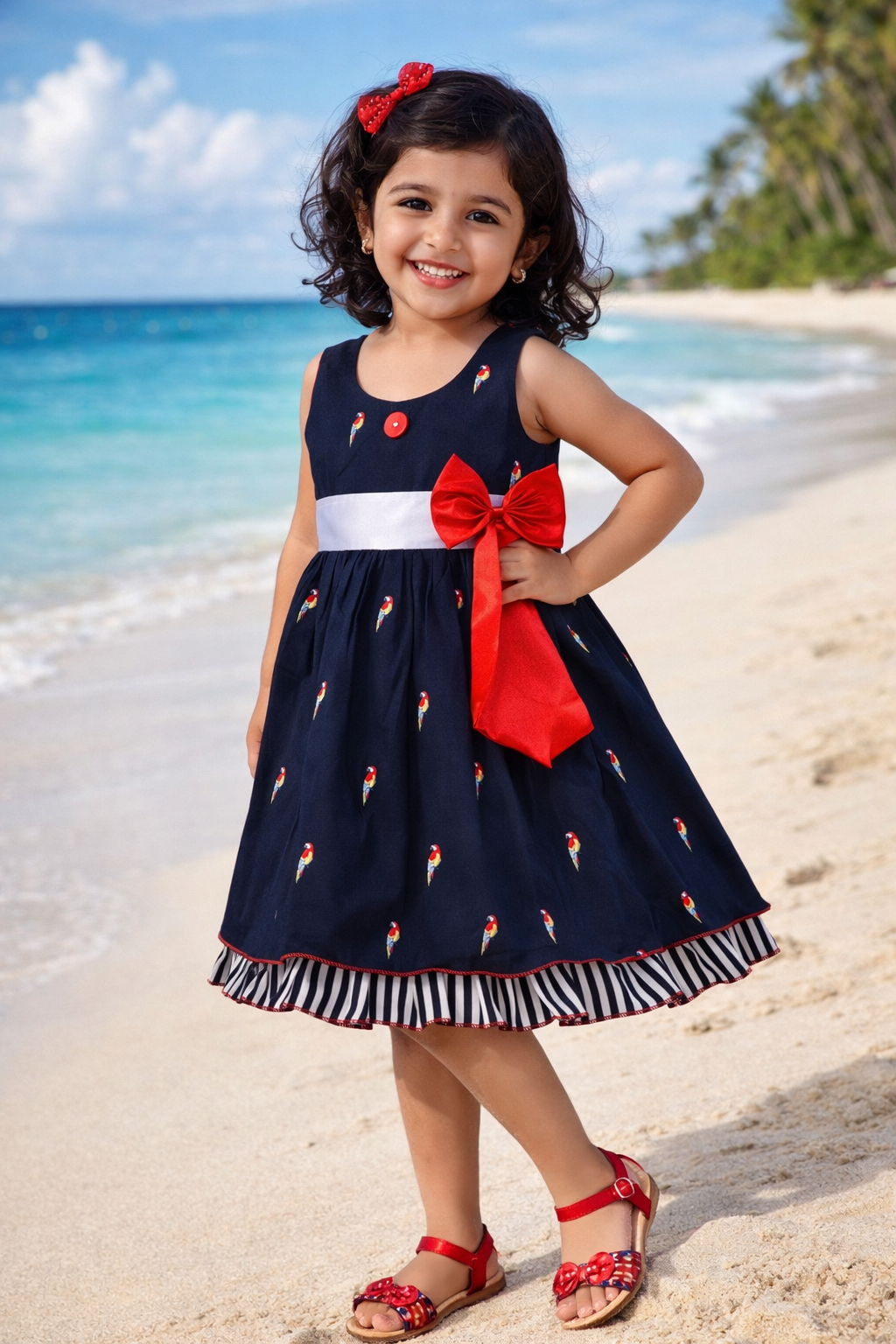 Girls Cotton Printed Bow Flared Dress