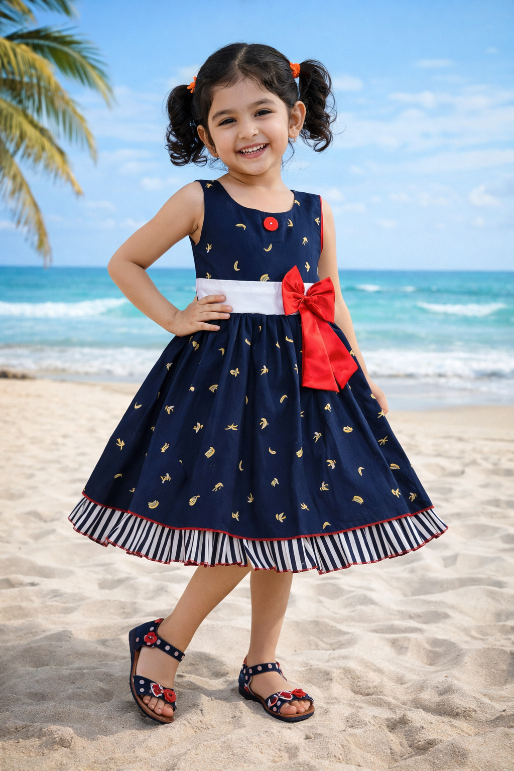 Girls Navy Blue Cotton Printed Sleeveless Dress with Bow | Soft & Breathable Kids Casual Party Dress