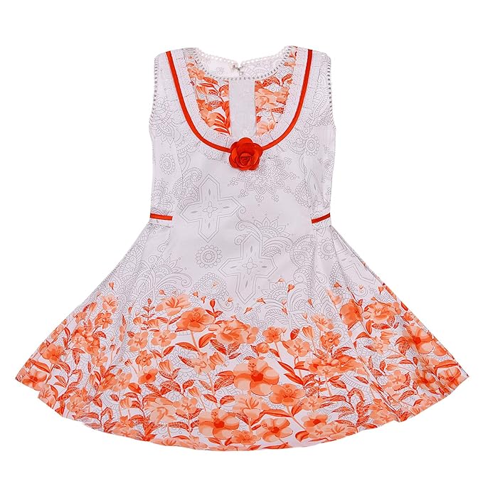 Girls Floral Printed Cotton Dress with Decorative Flower Accent