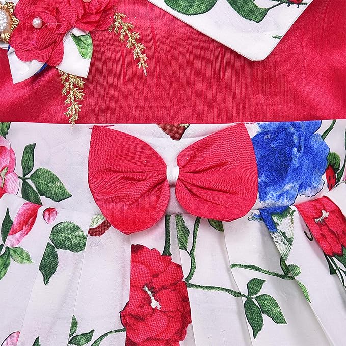Girls Red & White Floral Printed Cotton Dress with 3D Flower Appliqué & Bow