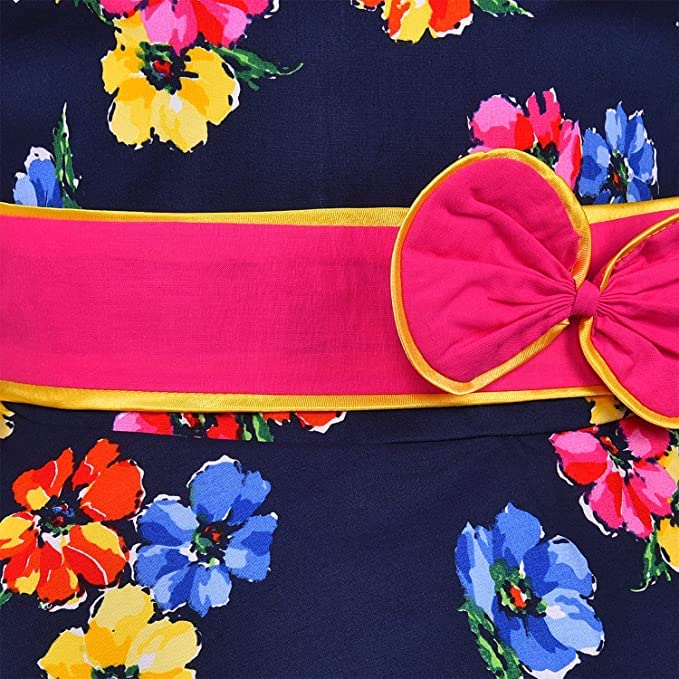 Girls Navy Blue Floral Sleeveless Party Dress with Pink Bow