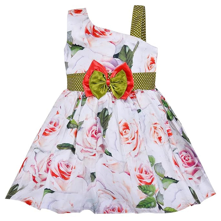 Girls Pure Cotton Pink Rose One-Shoulder Dress