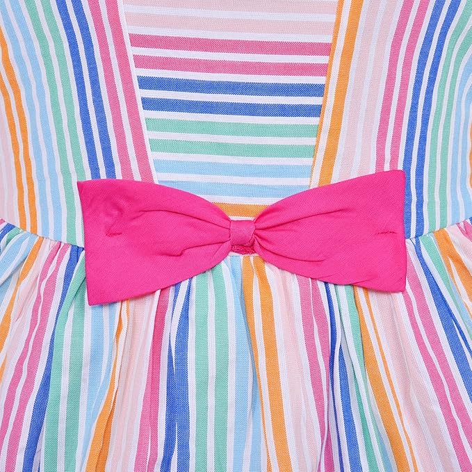 Multicolor Striped Cotton Sleeveless Girls Dress with Pink Bow Waist