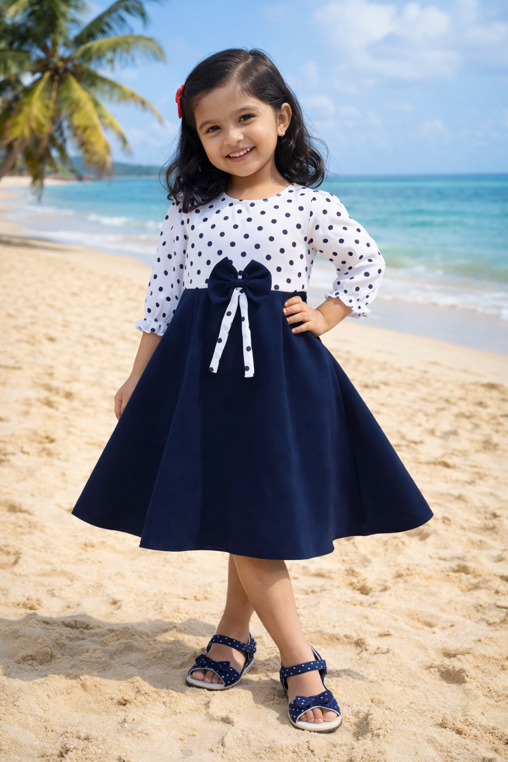 Girls Cotton Polka Dot A-Line Dress with Puff Sleeves and Bow Detail