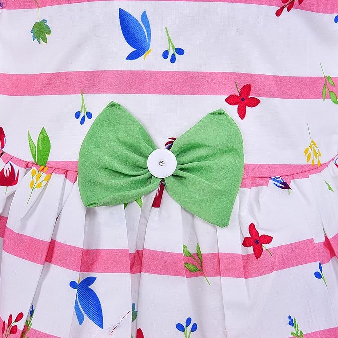 Girls Yellow & White Striped Floral Cotton Dress with Waist Bow