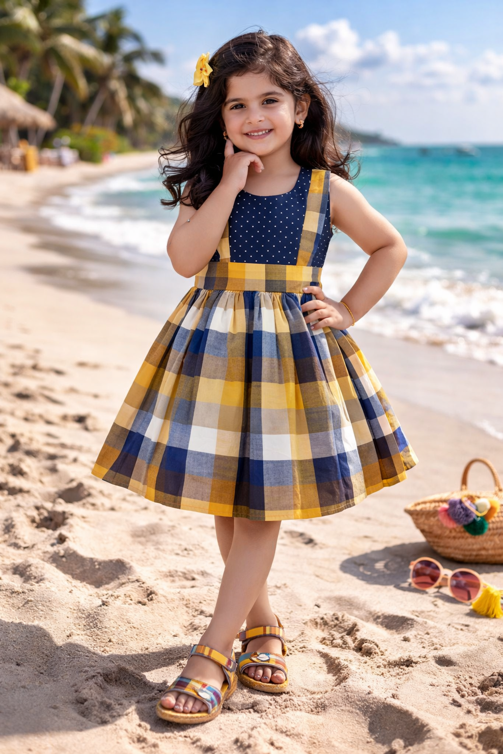 Girls Yellow & Blue Cotton Checkered Sleeveless Dress | Soft & Breathable Kids Casual Party Dress