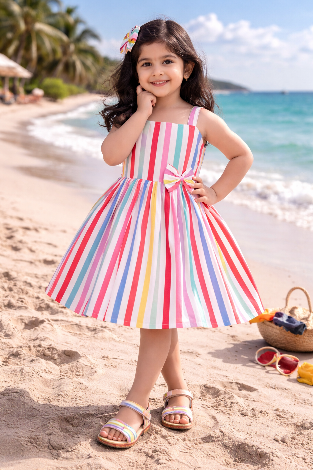 Girls Multicolor Cotton Striped Sleeveless Dress with Bow | Soft & Breathable Kids Casual Party Dress