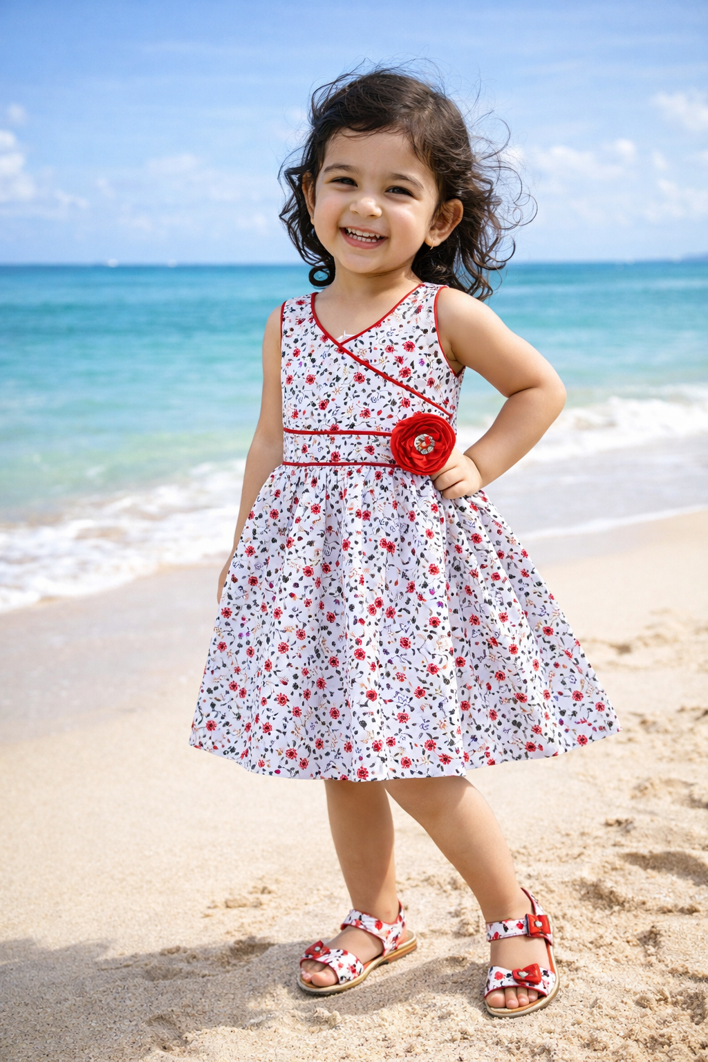 Girls Cotton Printed Party Wear Dress with Stripe Panel & Floral Accent – Soft & Comfortable