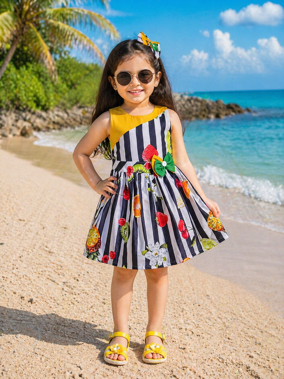 Girls Multicolor Cotton Printed Sleeveless Dress with Bow | Striped Fruit Print Kids Casual Party Dress