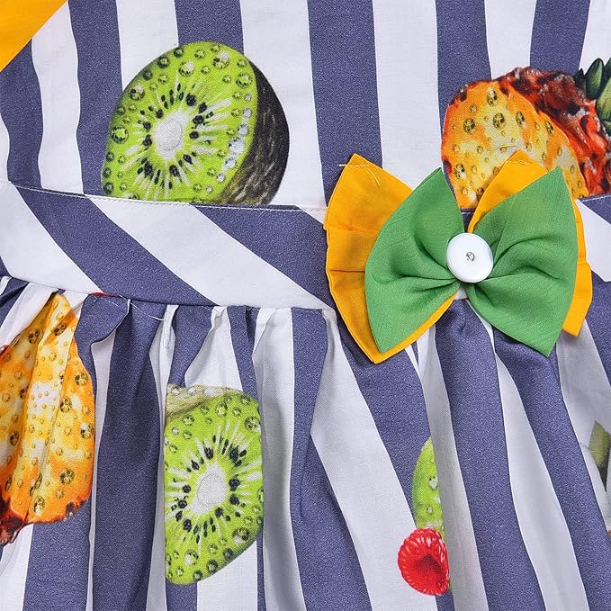 Girls Multicolor Cotton Printed Sleeveless Dress with Bow | Striped Fruit Print Kids Casual Party Dress