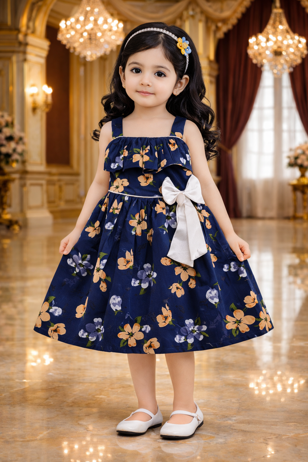 Girls Cotton Floral Printed Party Wear Dress with Bow Detail – Soft & Comfortable