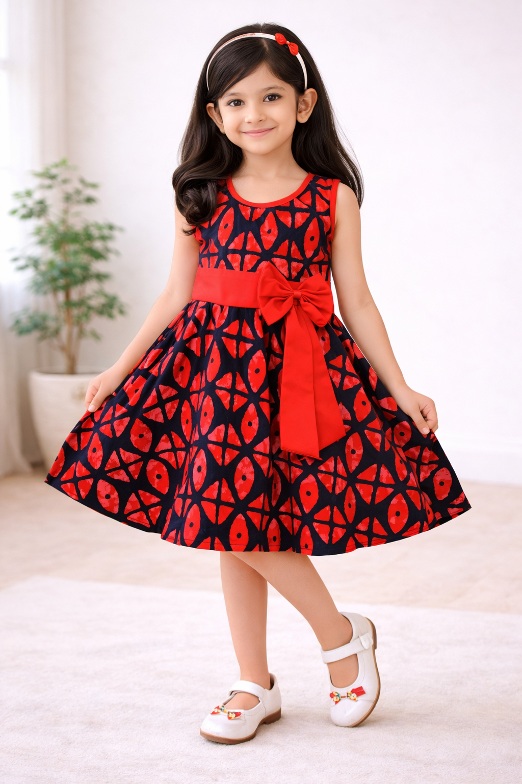 Girls Cotton Printed Party Wear Dress with Bow Belt – Soft, Stylish & Comfortable