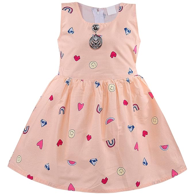 Peach Printed Cotton Sleeveless Girls Dress with Cute Heart & Diamond Pattern